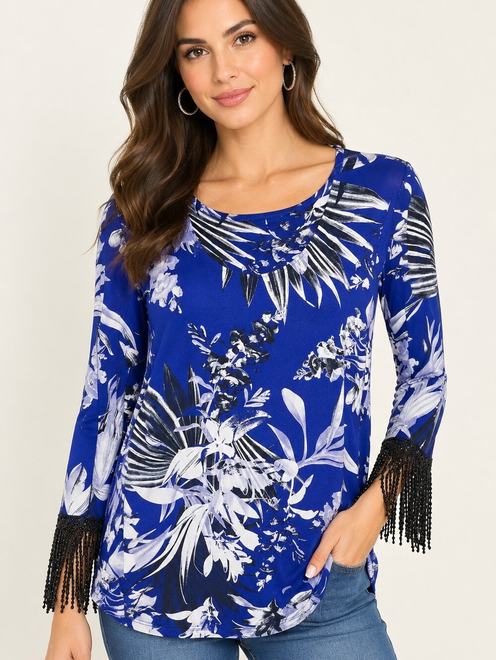 Alfani Blue Floral Fringe-Sleeve Women's Top